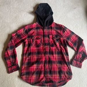 Vans Red and Black Plaid Hooded Shirt